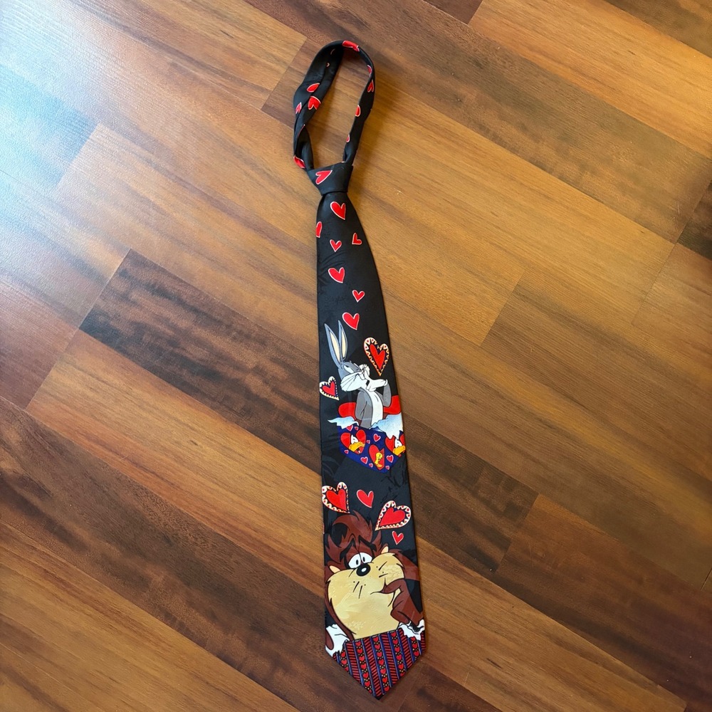 Vintage Looney Tunes‎ Bugs Bunny Taz Tie Hearts Black Novelty Cartoon Mens